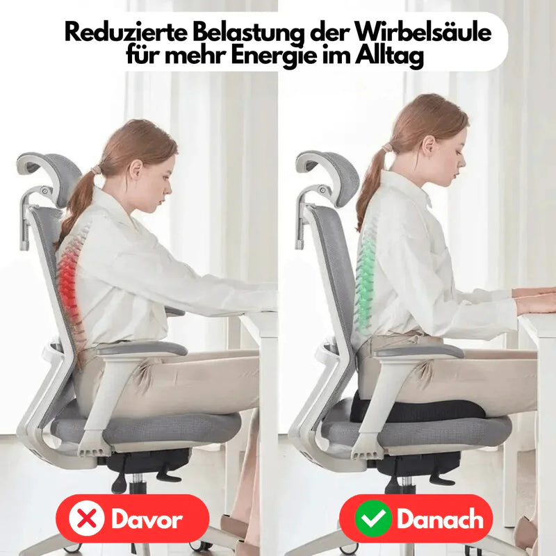 Frau sitzt ergonomisch auf Bürostuhl, Wirbelsäulenentlastung, Vorher-Nachher-Vergleich.