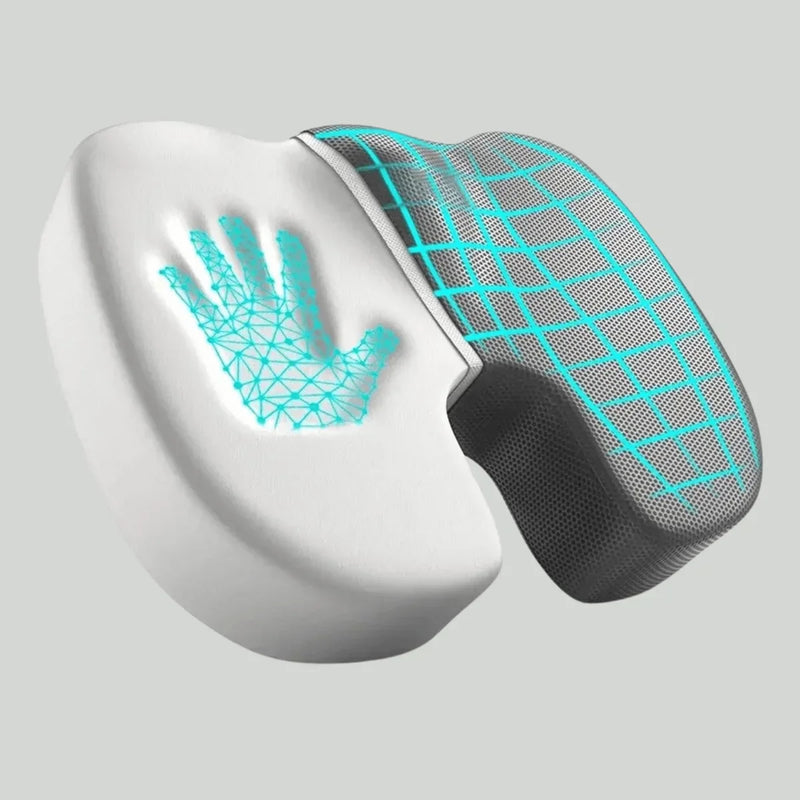 Ergonomisches Memory-Schaum-Sitzkissen, weiß-grau, mit Handabdruck, für Bürostuhl.