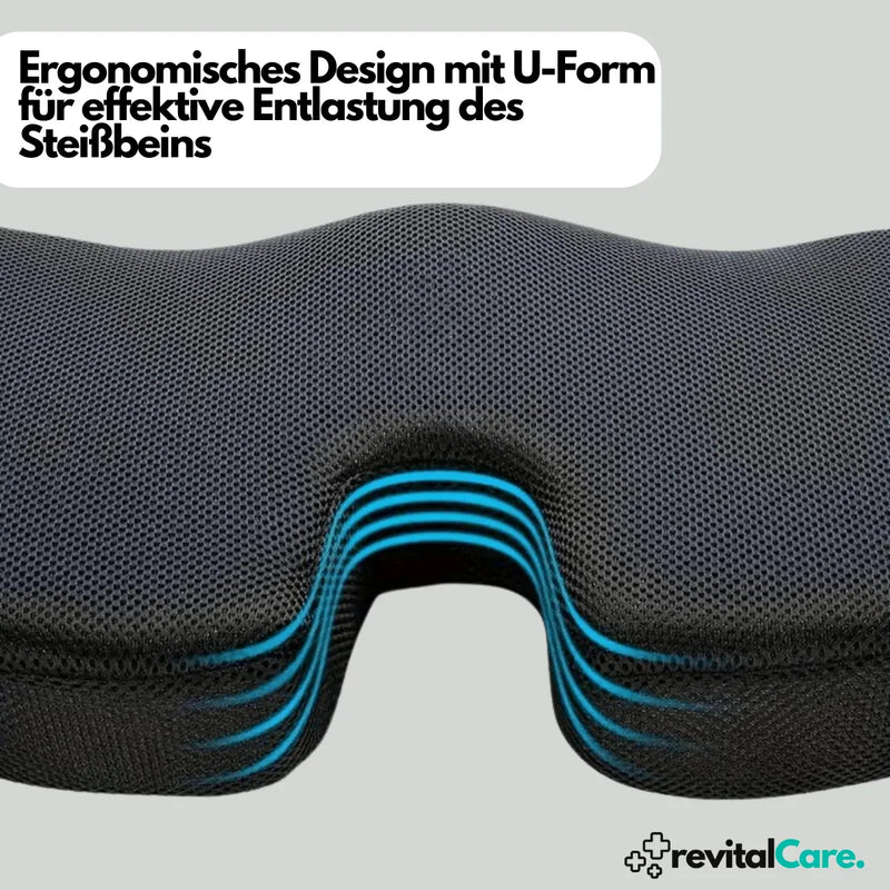 Ergonomisches U-förmiges Sitzkissen, schwarz, für Steißbein-Entlastung, atmungsaktiv.