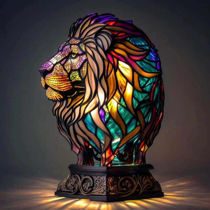 Buntes Löwen-Tiffany-Lampe, Glas, dekorativ, farbenfroh, Tiermotiv, Wohnzimmerbeleuchtung.