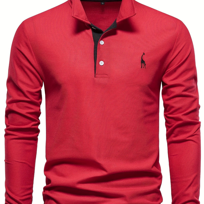Rotes Herren-Poloshirt, Langarm, Baumwolle, mit Knopfleiste und gesticktem Logo.