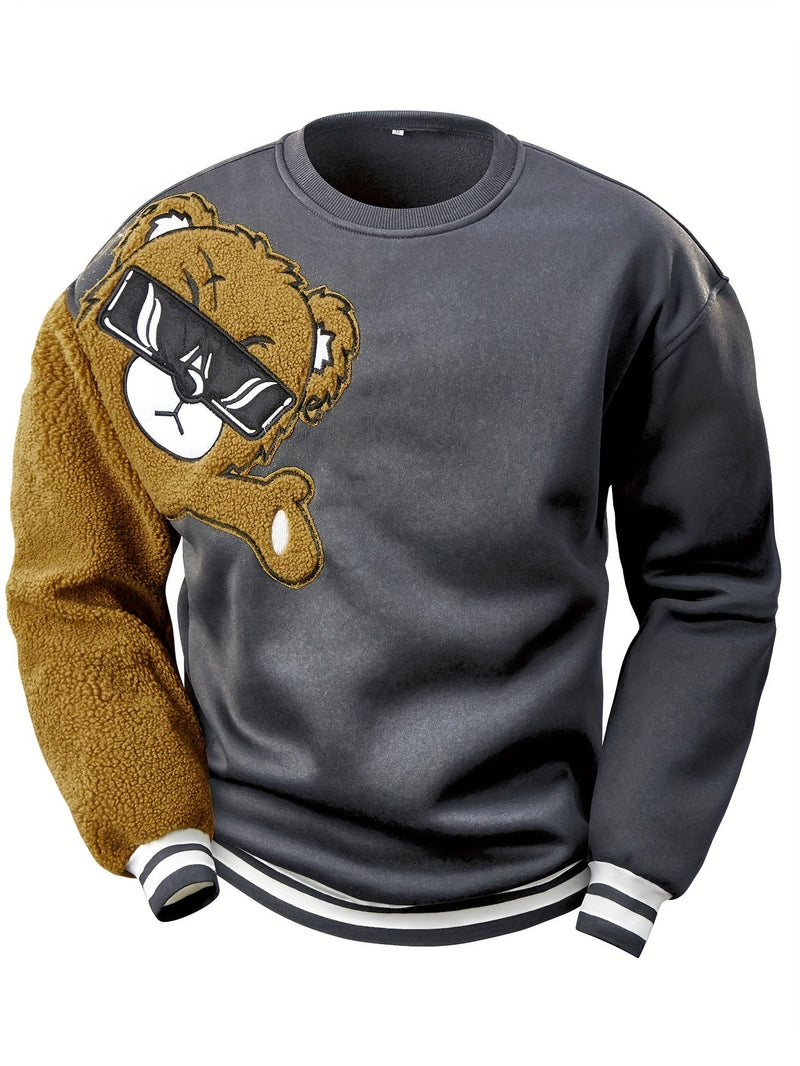 Grauer Sweatshirt mit Bärenmotiv, Plüschärmel, Unisex, modisch, lässig, Baumwolle.