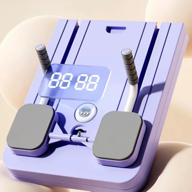 Lila Bauchtrainer mit digitalem Display, Fitnessgerät für Heimtraining, rutschfestes Design.