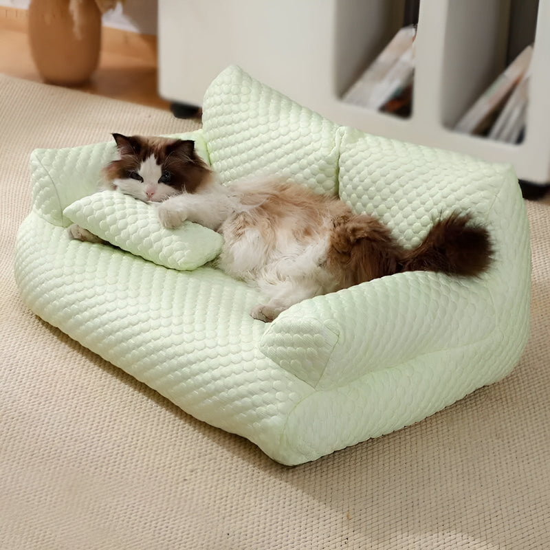 Plüsch-Katzenbett in Cremefarbe, bequem, waschbar, mit Katze liegend, Heimtierbedarf.
