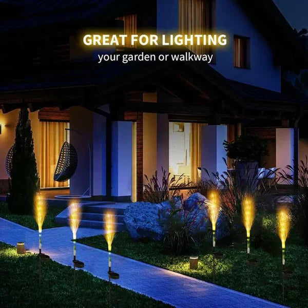 LED-Gartenleuchten beleuchten Gehweg vor modernem Haus bei Nacht, energiesparend, wetterfest.