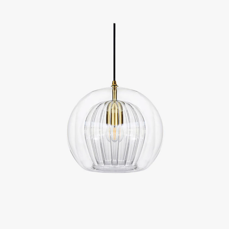 Kugelförmige Glas-Pendelleuchte, transparent, mit schwarzem Kabel, modernes Design.