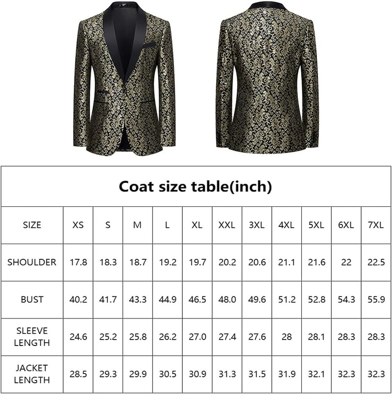 Schwarzes und goldenes Brokat-Sakko, Herrenmode, elegantes Design, Größenübersicht.