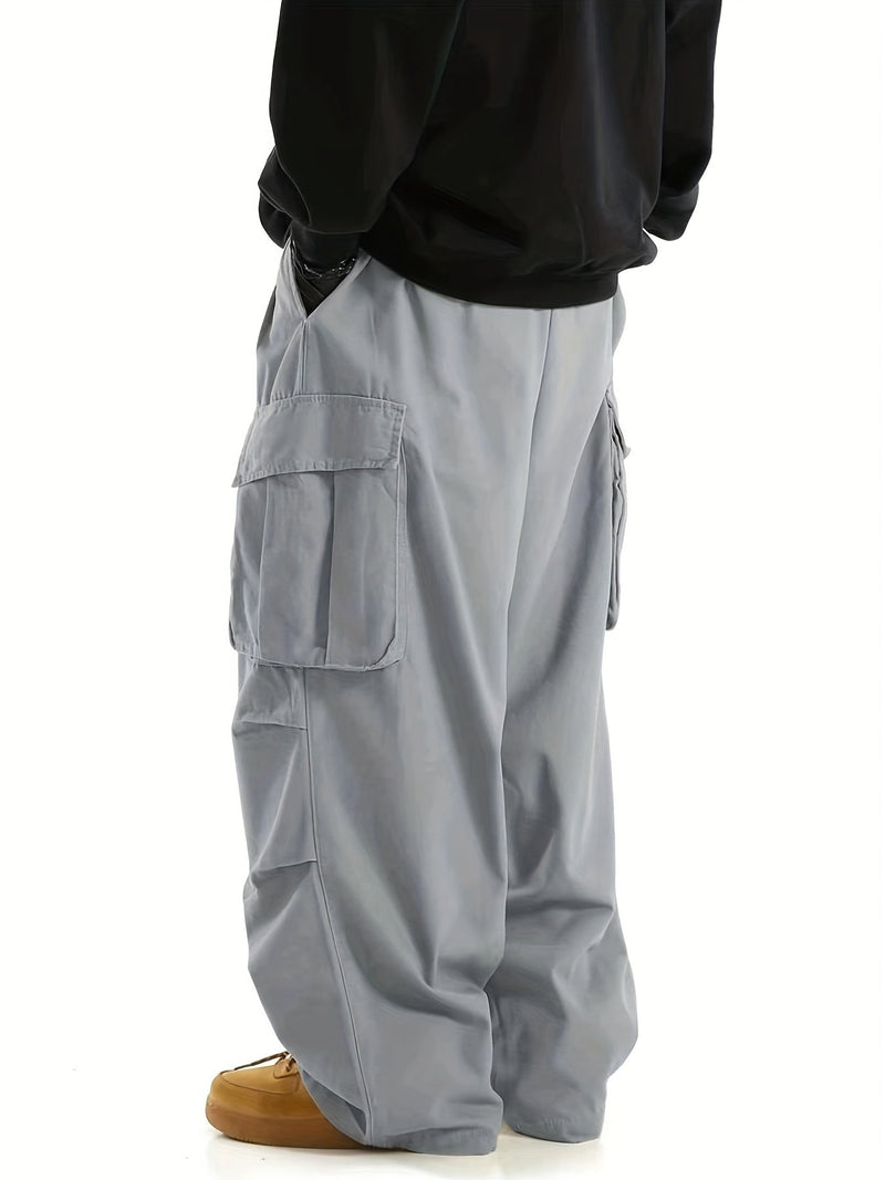 Graue Cargohose Herren, weites Bein, große Taschen, lässiger Stil, Streetwear-Mode.