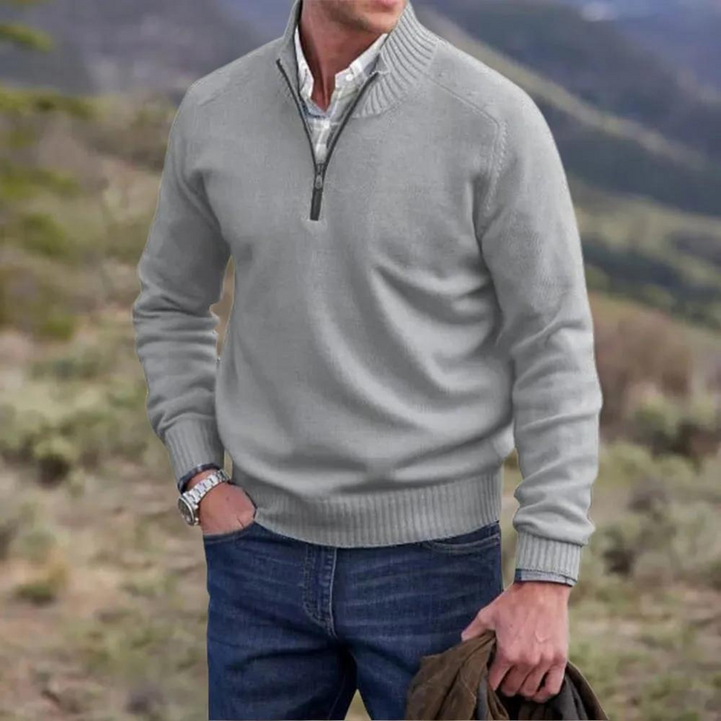 Grauer Herrenpullover mit Reißverschluss, Strick, lässig, warm, ideal für Herbstmode.
