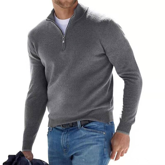 Grauer Herren-Pullover mit Reißverschluss, langärmelig, aus Baumwolle, lässig, modisch.