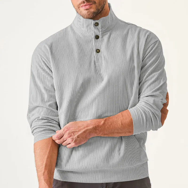 Grauer Herrenpullover mit Stehkragen, Knopfleiste, langärmelig, Freizeitmode.