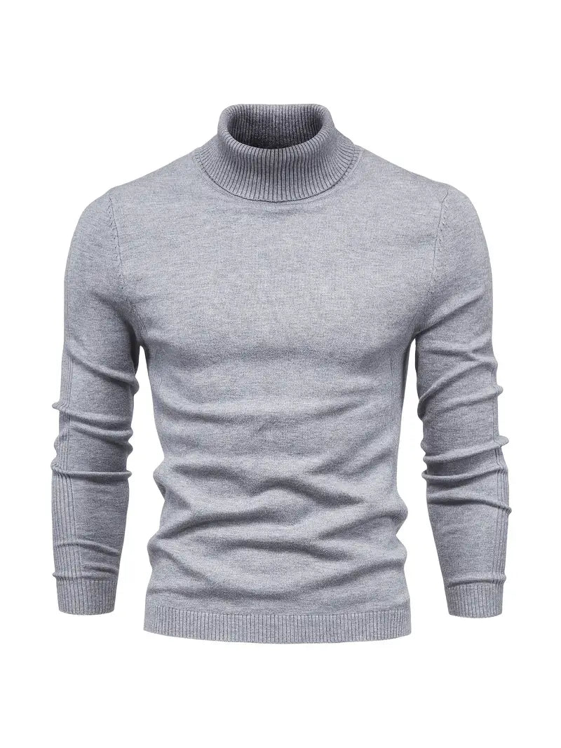Grauer Rollkragenpullover Herren, Strick, Langarm, Wintermode, warm, elegant, klassisch.