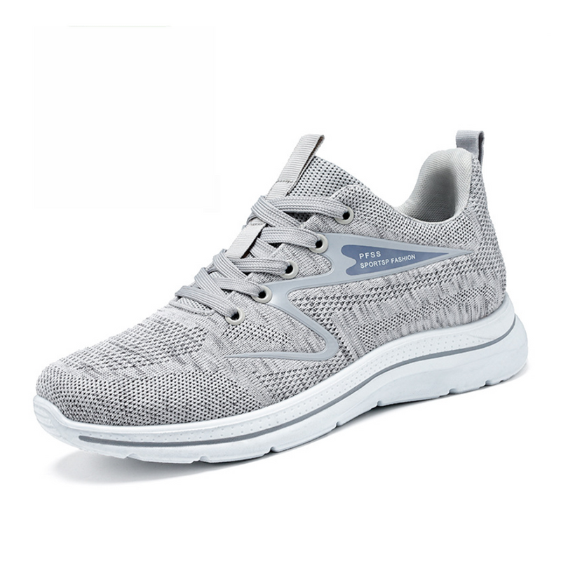 Grauer Sportschuh aus Mesh, atmungsaktiv, rutschfeste Sohle, ideal für Laufen und Fitness.