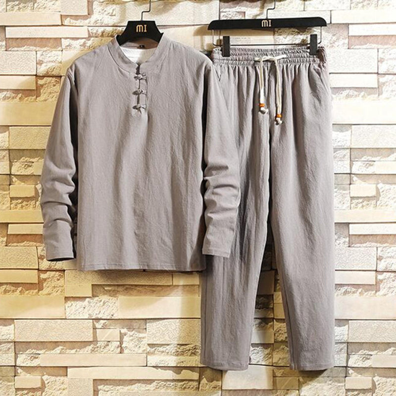 Graues Herren-Leinen-Set, langärmeliges Hemd und Hose, lässig, bequem, modisch.