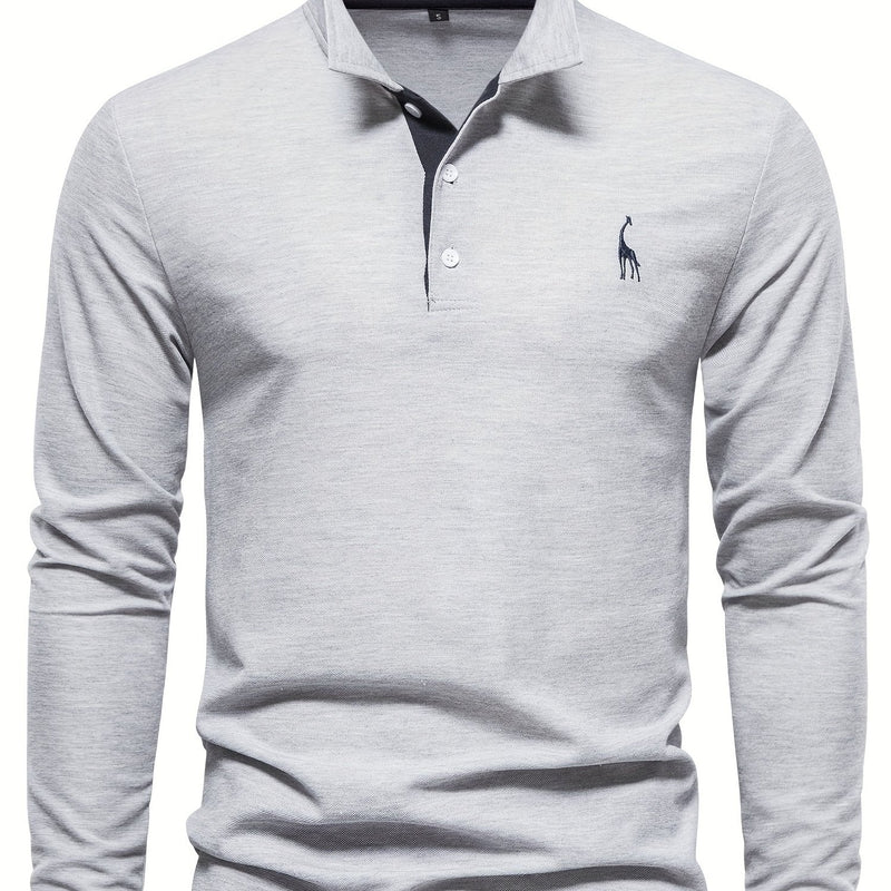 Graues Herren-Poloshirt, Langarm, Baumwolle, elegantes Design, Stickerei, Freizeitmode.
