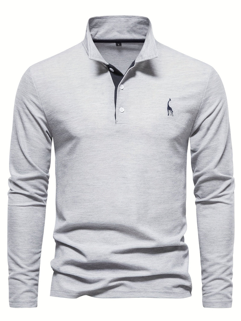 Graues Herren-Poloshirt, langärmelig, Baumwolle, mit gesticktem Logo, klassischer Kragen.