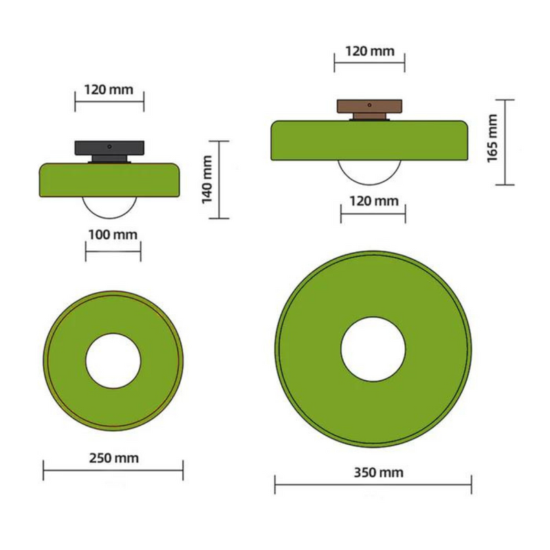 Grüne Deckenleuchte, runde Form, Maße 250mm und 350mm, moderne Innenbeleuchtung.