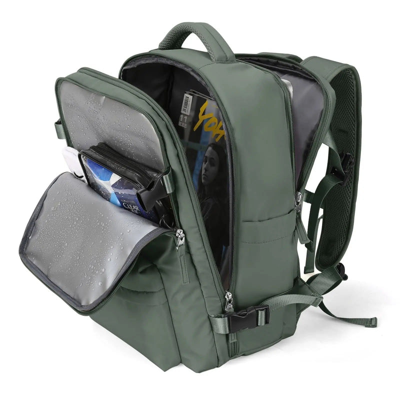 Grüner Rucksack, wasserdicht, mit mehreren Fächern, ideal für Reisen und Schule.