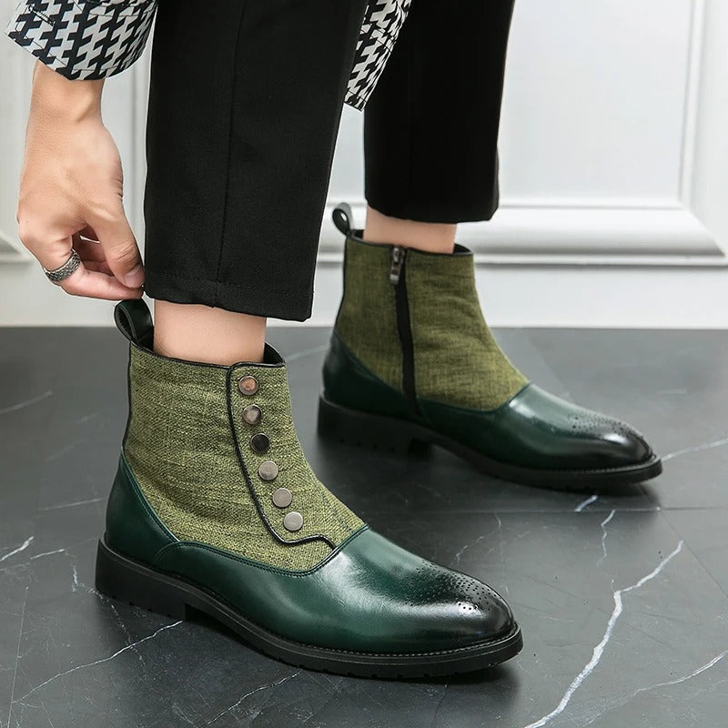 Grüne Herrenstiefeletten, Leder und Stoff, Knopfdetails, elegantes Design, Herbstmode.