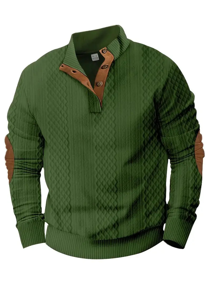 Grüne Outdoor-Strickpullover mit Patches, Herrenmode, warm, stilvoll, Freizeitkleidung.