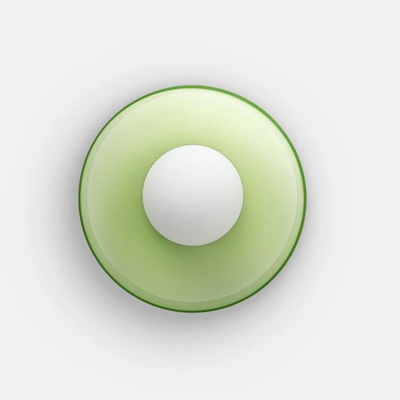 Grüne runde Deckenleuchte aus Glas, moderne LED-Lampe, minimalistisch, energiesparend.