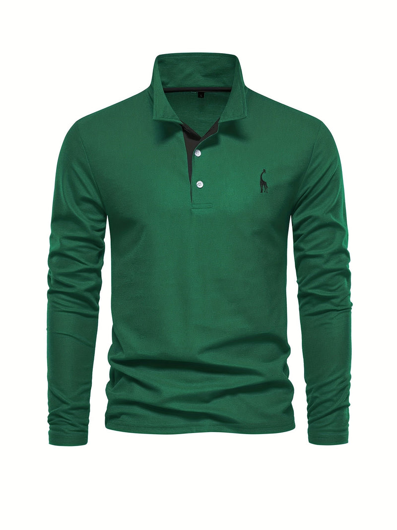 Grünes Langarm-Poloshirt für Herren, Baumwolle, klassischer Kragen, Freizeitmode.