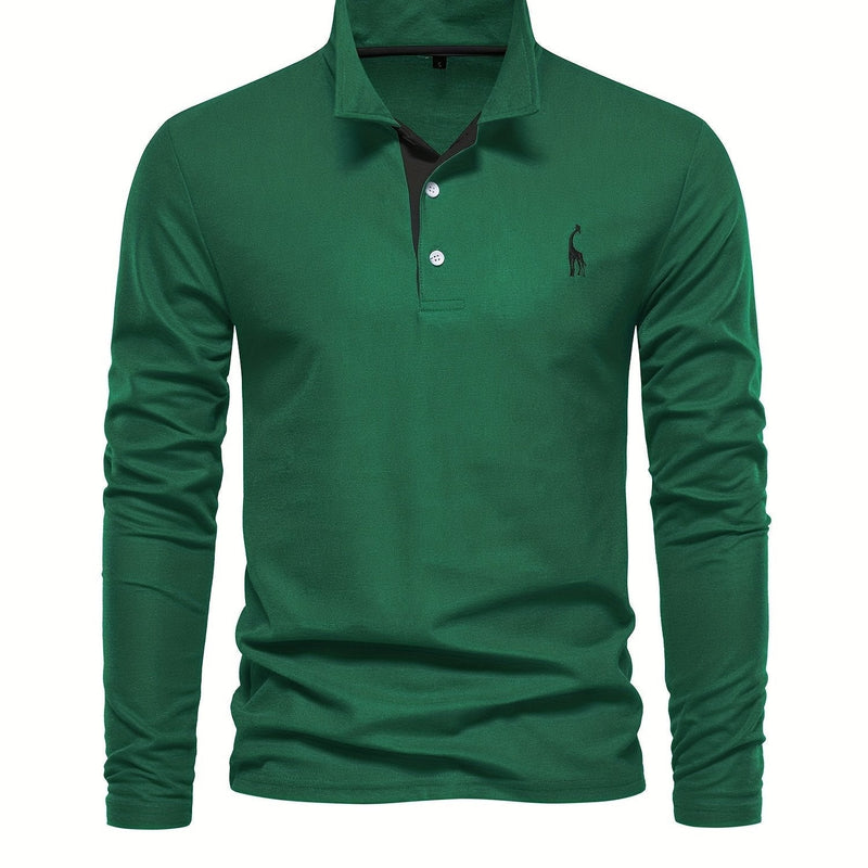 Grünes Langarm-Poloshirt für Herren, Baumwolle, klassischer Kragen, Freizeitmode.