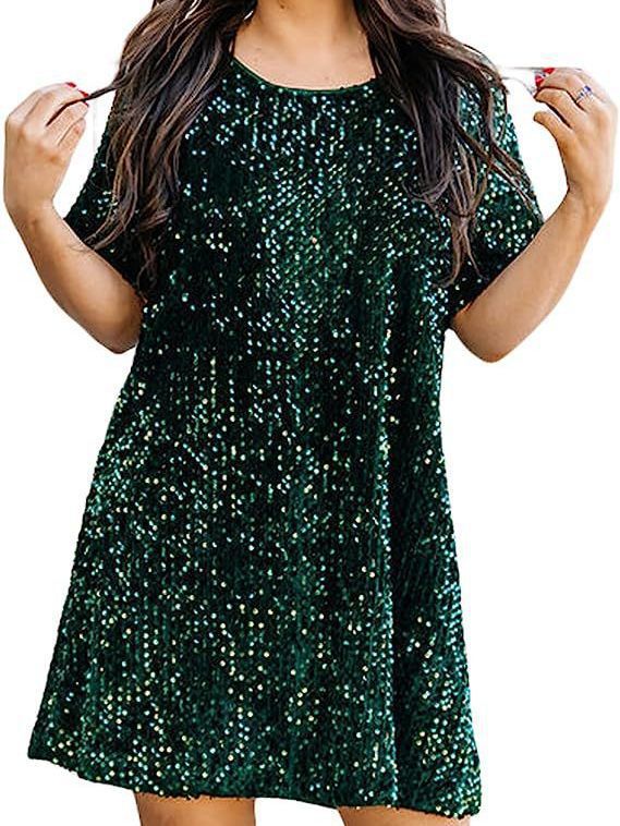 Funkelndes grünes Paillettenkleid, kurzärmelig, festlich, Damenmode, elegant.