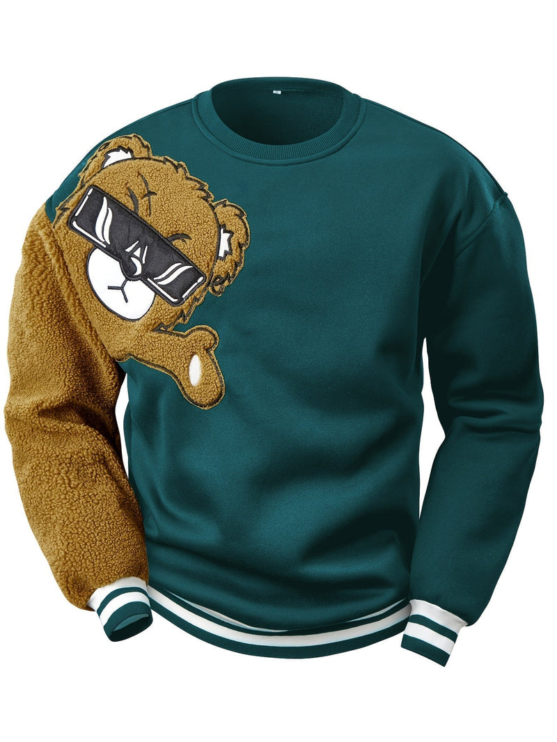 Grüner Sweatshirt mit Bärenmotiv, Plüscharm, Unisex, modisch, Baumwolle, Streetwear.