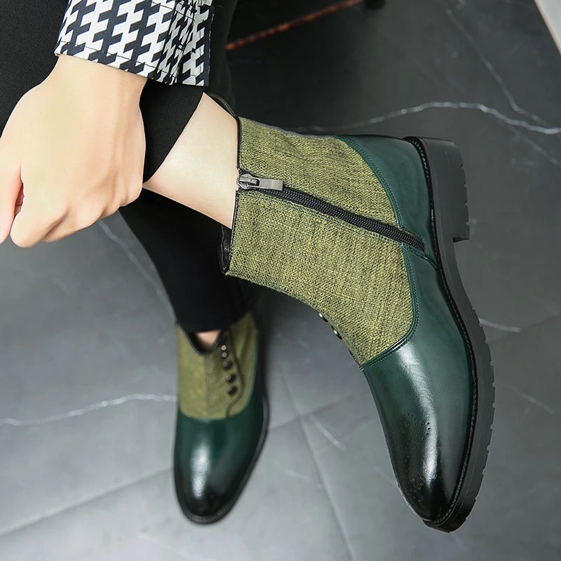 Grüne Lederstiefel mit Reißverschluss, Damenmode, elegantes Design, Herbst-Winter-Schuhwerk.