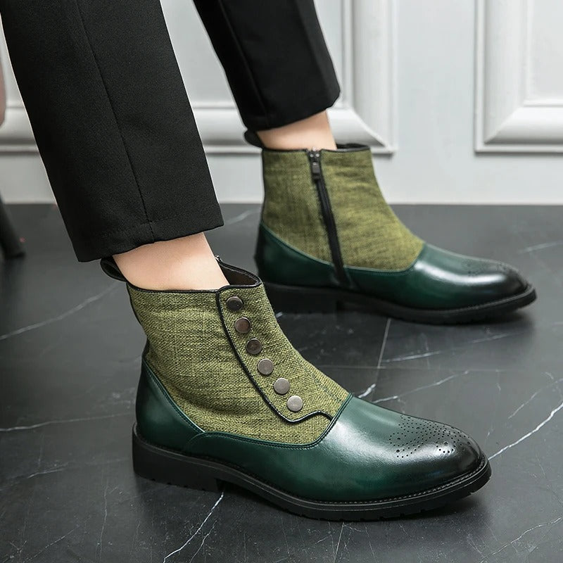 Grüne Lederstiefeletten mit Knöpfen und Reißverschluss, elegantes Design, Damenmode.