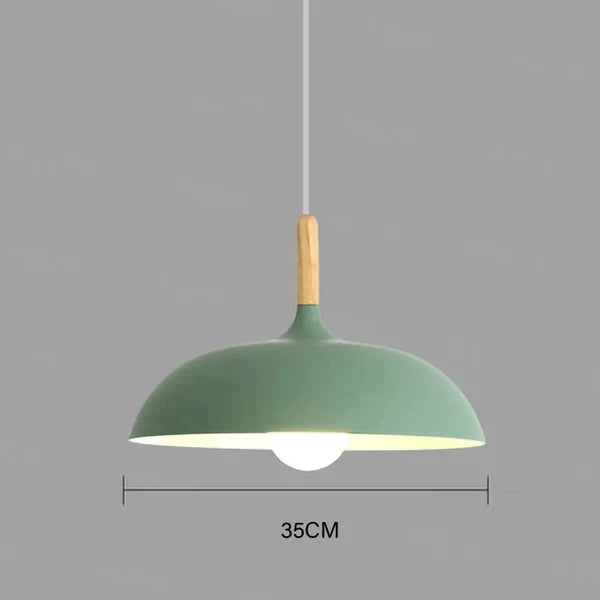 Grüne Pendelleuchte, 35 cm, Holzgriff, modernes Design, Innenbeleuchtung, skandinavischer Stil.