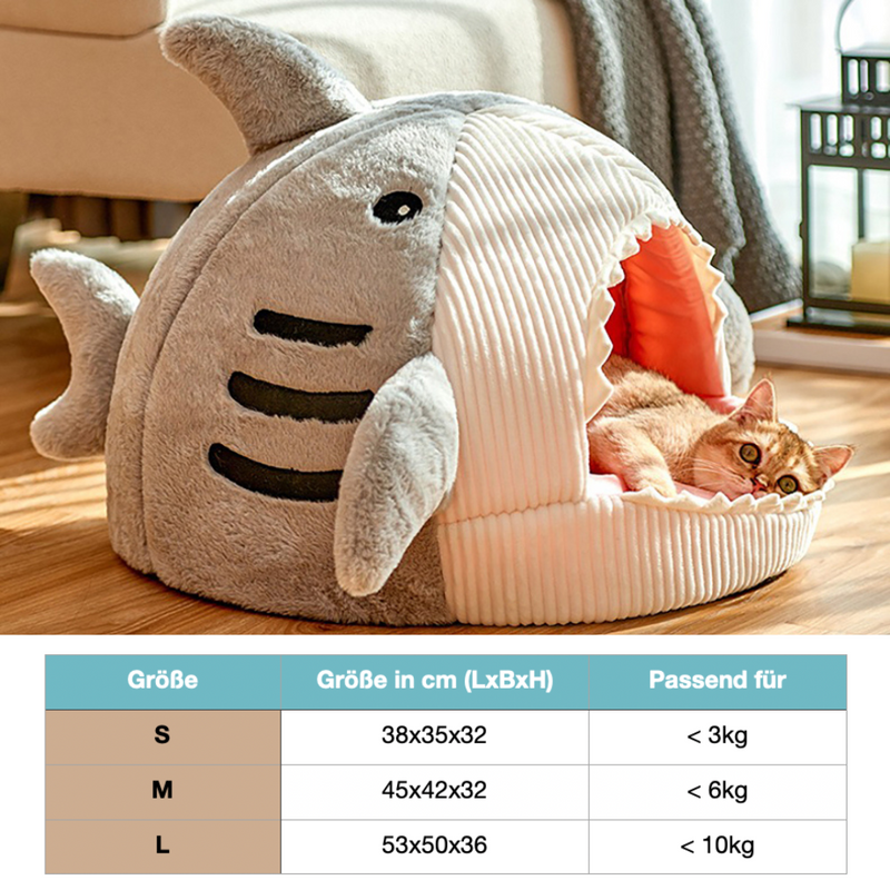 Katzenbett Hai-Design, grau, Plüsch, für kleine Katzen, gemütlich, lustig, Tierbett, Haifischform.