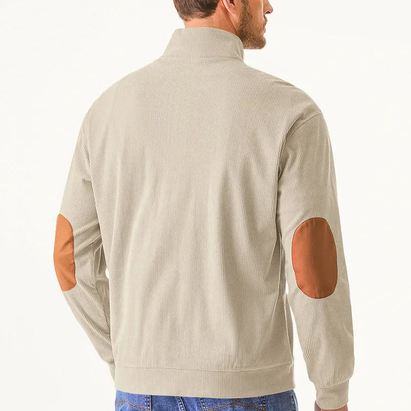 Herren Cordjacke beige mit braunen Ellbogen-Patches, modisch, lässig, Herbstmode.