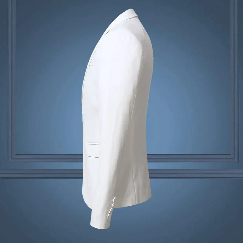 Weißer Herrenanzug, schlank, elegant, Business-Casual, hochwertige Mode, große Größen.