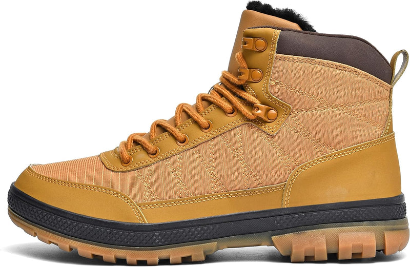 Gelber Herren-Wanderschuh, wasserdicht, rutschfest, robust, Outdoor-Stiefel, Leder, Textil.