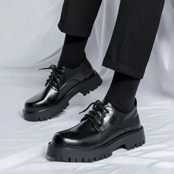 Schwarze Herren-Leder-Oxfords, Plattform, rutschfest, lässig, dicke Sohle, modisch.