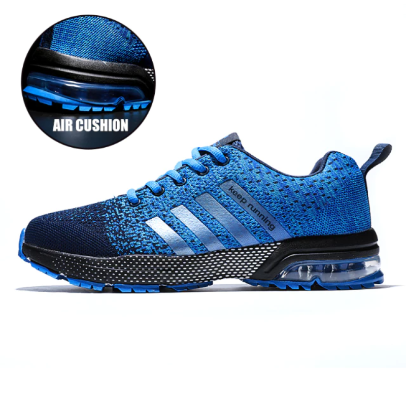 Blaue Herren-Sneaker mit Luftpolster, atmungsaktiv, ideal für Fitnessstudio und Sport.