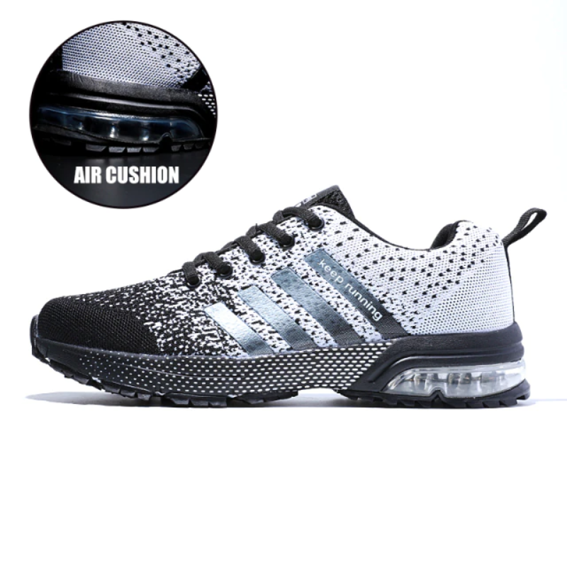 Schwarze und weiße Herren-Sneaker mit Luftkissen, atmungsaktiv, ideal für Fitnessstudio.