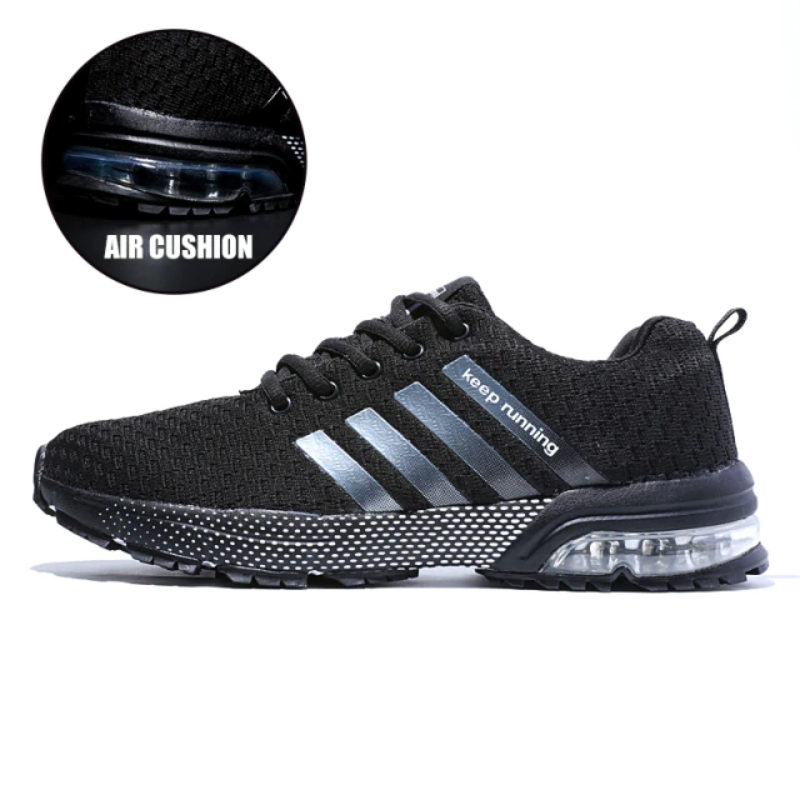 Schwarze Herren-Sneaker mit Luftpolster, atmungsaktiv, ideal für Fitnessstudio und Laufen.
