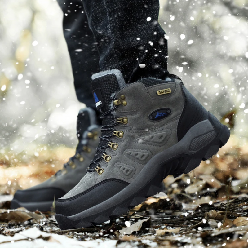 Grauer Wanderschuh, wasserdicht, rutschfest, Outdoor, Herren, Winter, Schnee, robust.