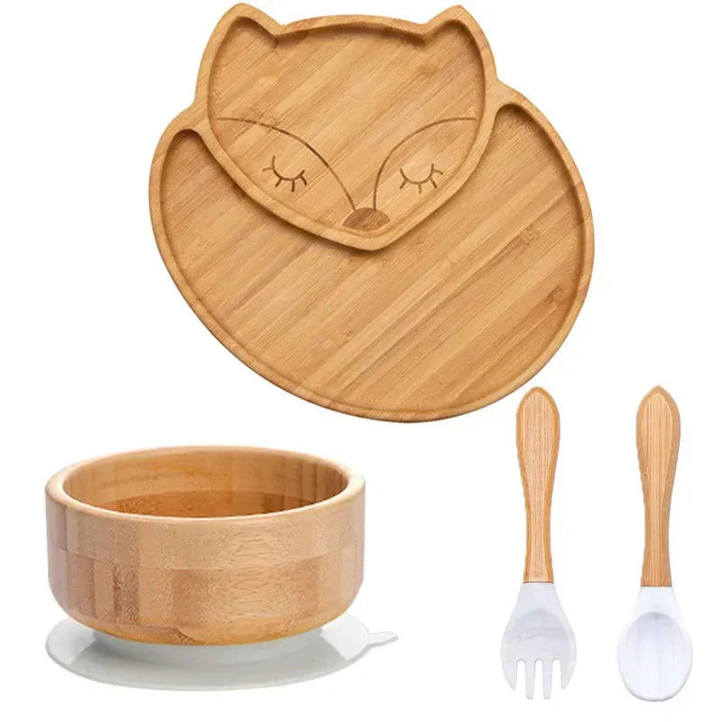 Bambus Kindergeschirr Set, Eulenform Teller, Schüssel, Besteck, umweltfreundlich, rutschfest