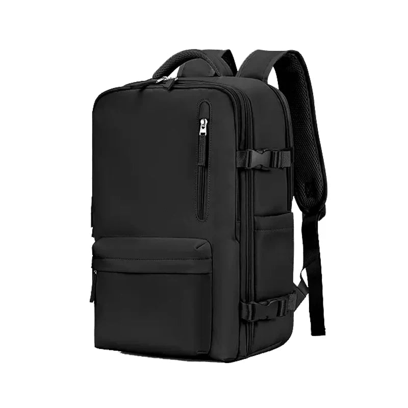 Schwarzer Laptop-Rucksack, wasserdicht, mit mehreren Fächern, ideal für Reisen und Arbeit.