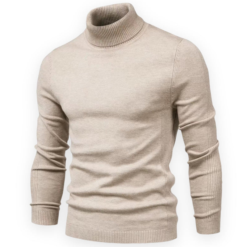 Beiger Rollkragenpullover Herren, Strick, Langarm, Wintermode, warm, elegant, klassisch.