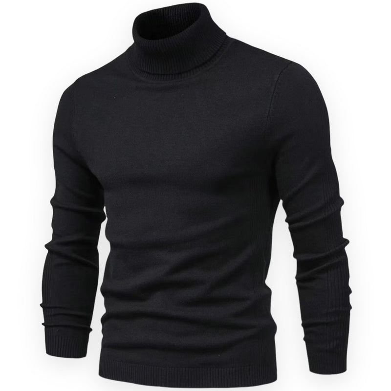 Schwarzer Rollkragenpullover Herren, langärmelig, Strick, elegant, warm, modisch.