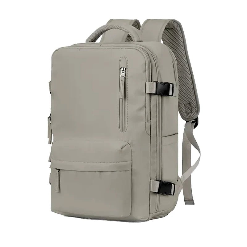 Grauer, rechteckiger Rucksack mit mehreren Fächern, Reißverschlüssen und verstellbaren Trägern.