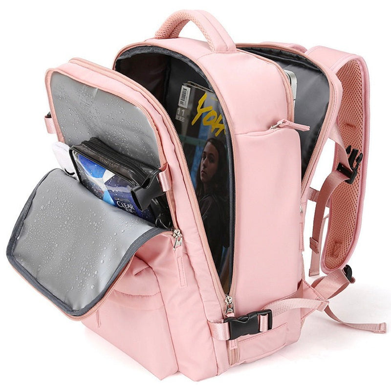 Rosa Rucksack mit mehreren Fächern, ideal für Schule oder Reisen, wasserdichtes Material.