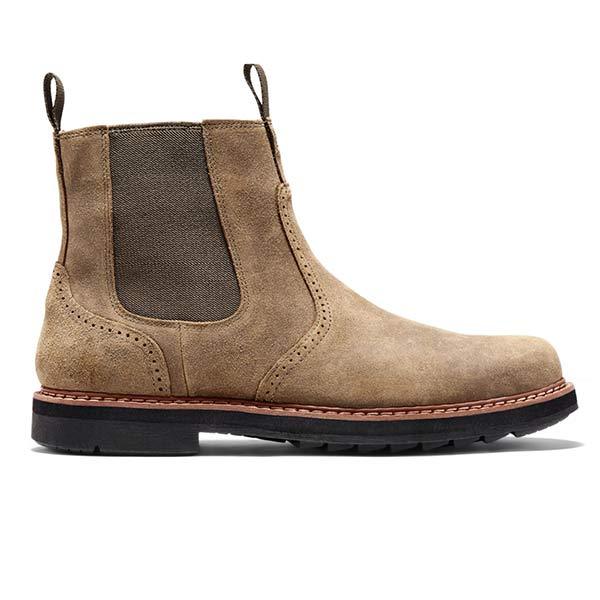Beige Chelsea-Boots aus Wildleder, elastische Einsätze, robuste Sohle, Herrenmode, Herbstschuhe.