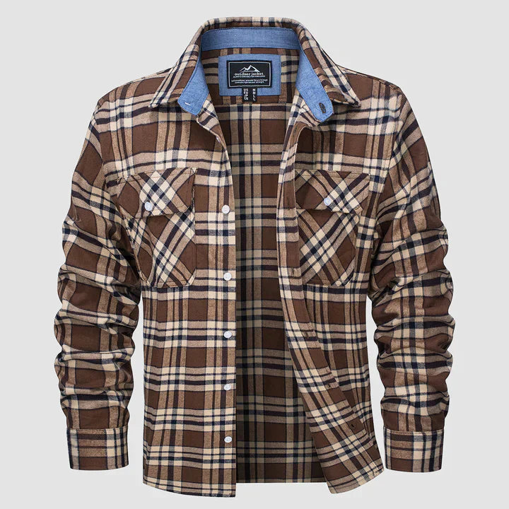 Braunes Herren-Flanellhemd, langärmelig, kariert, Baumwolle, Freizeit, zwei Brusttaschen.
