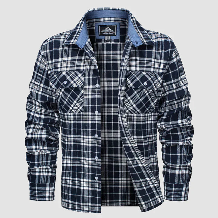 Herren Flanellhemd, langärmelig, kariert, Baumwolle, blau-weiß, Freizeit, zwei Brusttaschen.